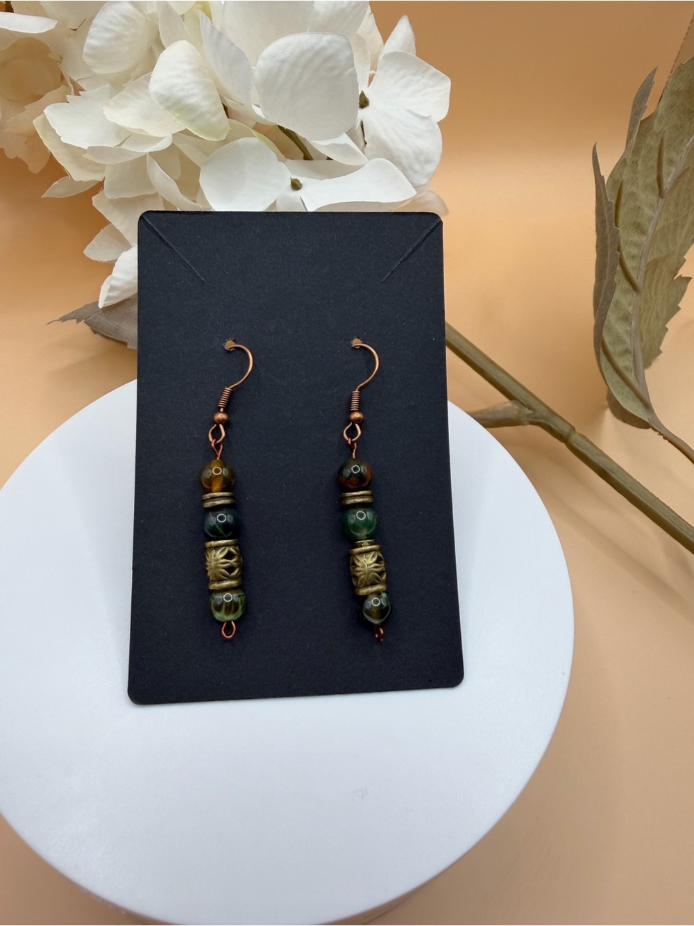 Green and Gold Bead Drop Earrings with Copper Hooks